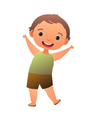 Little Boy preschooler. Person in summer clothes. Cheerful funny kid. Baby joy. Cute child. Cartoon style illustration. Flat design. Isolated on white background. Vector