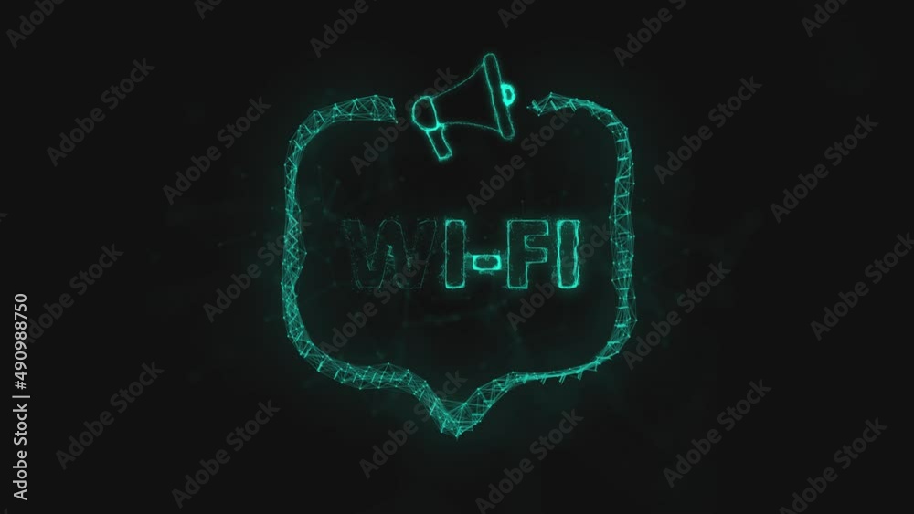 Poster Megaphone banner with speech bubble and text wi-fi. Plexus style of green glowing dots and lines