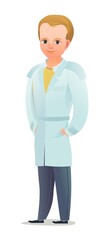 Little boy in autumn cloak. Teen in warm clothes for rain. Cheerful person. Standing pose. Cartoon comic style flat design. Single character. Illustration isolated on white background. Vector