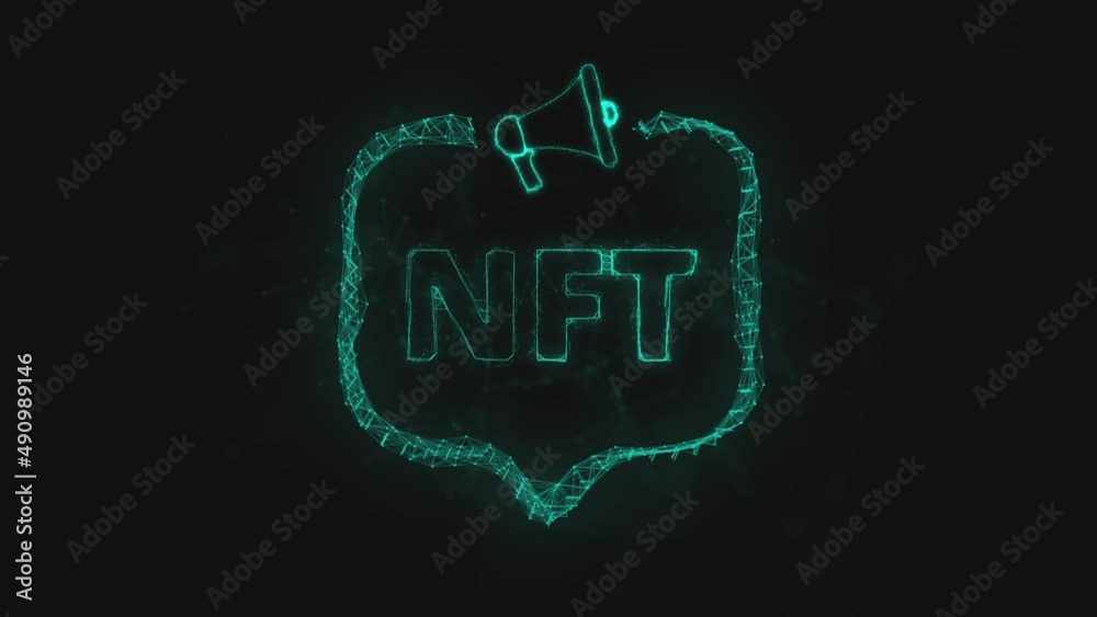 Poster Megaphone banner with speech bubble and text nft. Plexus style of green glowing dots and lines