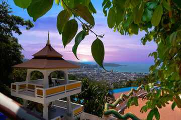 Buddah temple with beautiful views from top of mountain of Patong Phuket Thailand. Buddha religious...