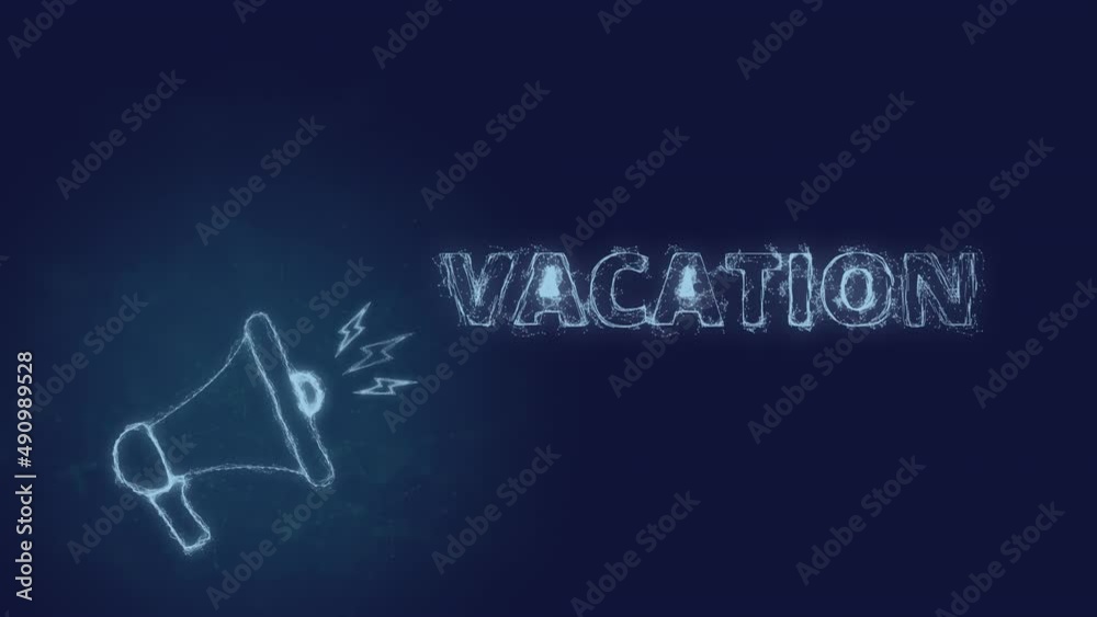 Poster Megaphone banner with text vacation. Plexus style of blue glowing dots and lines