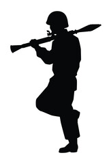 Soldier with anti tank rocket silhouette vector illustration, military man in the battle.	
