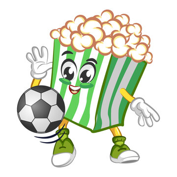 Cute popcorn character play soccer or foot ball. Vector hand drawn cartoon kawaii mascot illustration icon. Isolated on white background. Popcorn character concept