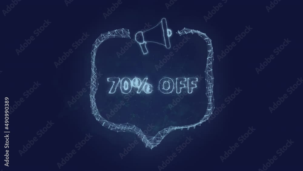 Poster Megaphone banner with speech bubble and text 70 percent off. Plexus style of green glowing dots and lines