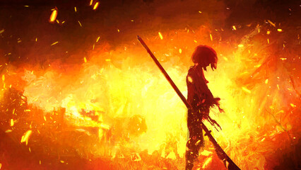 A lonely silhouette of a boy or girl child against the background of a mad fire in the village after a raid by robbers, he stands frenzied with grief and fear with a long naginata in his hand. 2d art