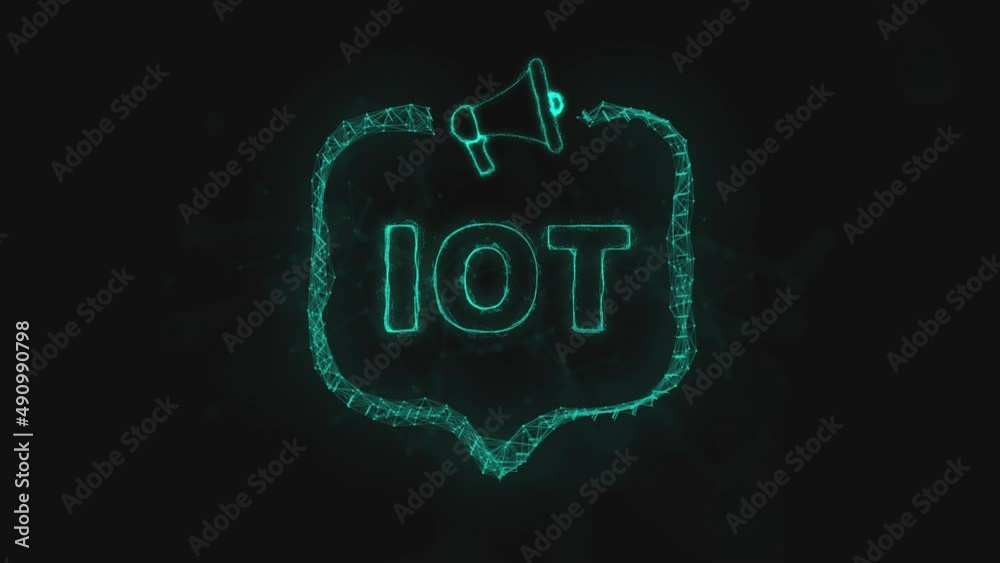 Poster Megaphone banner with speech bubble and text IOT. Plexus style of green glowing dots and lines