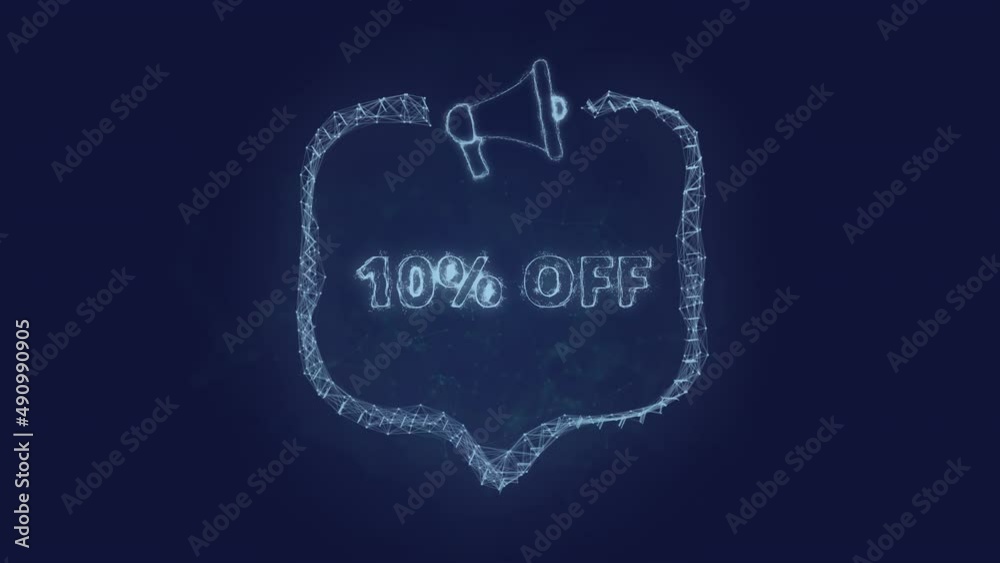 Poster Megaphone banner with speech bubble and text 10 percent off. Plexus style of green glowing dots and lines