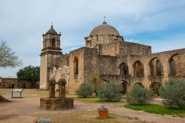 Obraz premium Mission San Jose y San Miguel de Aguayo in San Antonio, Texas TX, USA. The Mission is a part of the San Antonio Missions UNESCO World Heritage Site.