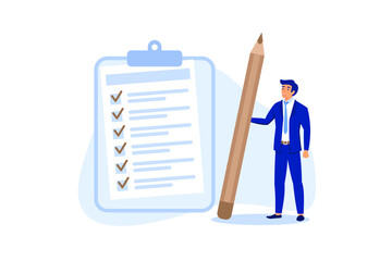 Checklist for work completion, review plan, business strategy or todo list for responsibility and achievement concept, confident businessman standing with pencil after completed all tasks checklist. - obrazy, fototapety, plakaty