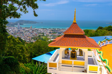 Buddah temple with beautiful views from top of mountain of Patong Phuket Thailand. Buddha religious...