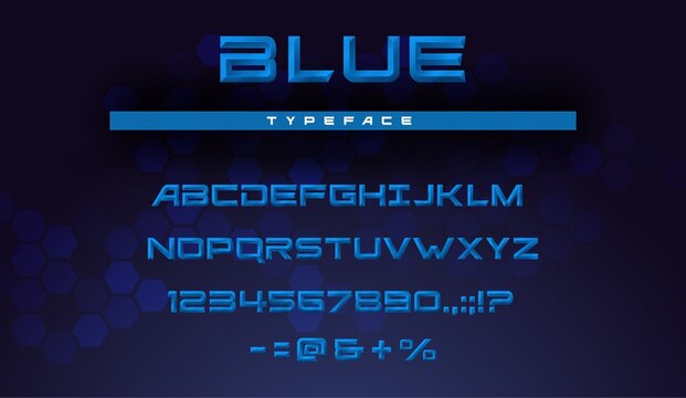 Chiseled Font With Beveled Alphabet Letters And Numbers Vector Design Of Digital, Tech And Futuristic Typeface. Blue Embossed Type Of Uppercase Characters, Digits And Punctuation Marks With Facets