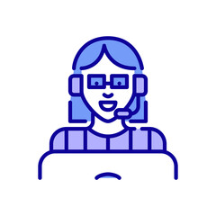 Young girl with bob haircut in glasses working at a call center. Speaking in a headset working at laptop. Pixel perfect, editable stroke, color