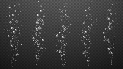 Soda bubbles, water or oxygen air fizz, vector dynamic aqua effervescent rising up underwater fizzing, champagne drink design elements isolated on transparent background, Realistic 3d bubbles set