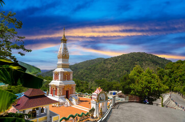 Buddah temple with beautiful views from top of mountain of Patong Phuket Thailand. Buddha religious building with lovely colours in the sky