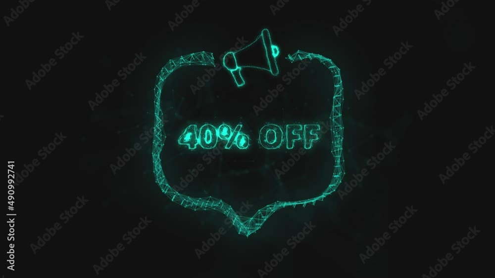 Poster Megaphone banner with speech bubble and text 40 percent off. Plexus style of green glowing dots and lines