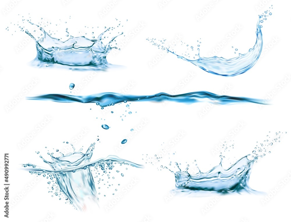 Wall mural water crown splash and wave swirl and drops. vector liquid splashing aqua dynamic motion, blue water