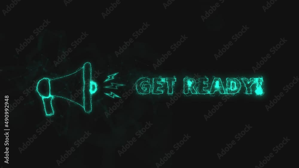 Poster Megaphone banner with text get ready. Plexus style of blue glowing dots and lines