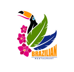 Brazilian cuisine restaurant icon with toucan in flowers. Brazil food cafe or restaurant vector emblem, symbol for menu decoration with tropical jungles bird, palm tree leaves and orchid flowers