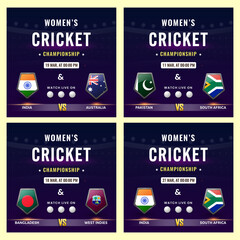 Women's Cricket Match Social Media Posts Or Template With Participating Countries Flag Shield On Purple Background In Four Options.
