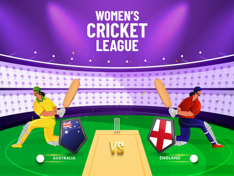 Women's Cricket Match Between Australia VS England With 3D Flag Shields And Batter Players Character On Stadium View Background.