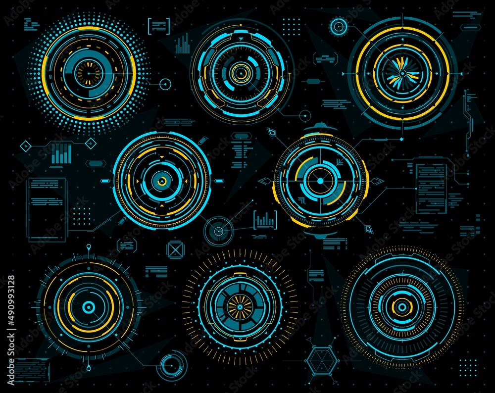 Poster HUD futuristic graphs and circular interface panels. Sci Fi, technology and visual data. Hologram circles of head up display digital screen with blue and yellow neon charts