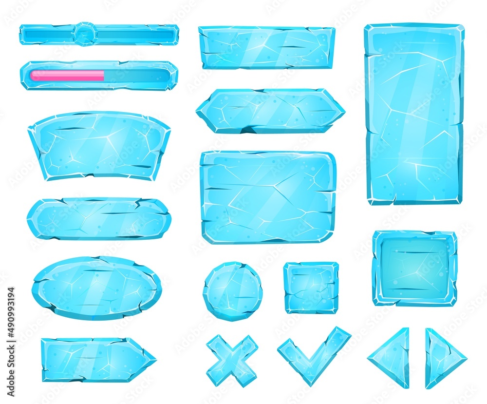 Poster blue ice buttons, sliders and arrow keys game asset. vector crystal user panel interface. game asset