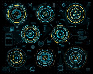 HUD futuristic graphs and circular interface panels. Sci Fi, technology and visual data. Hologram circles of head up display digital screen with blue and yellow neon charts