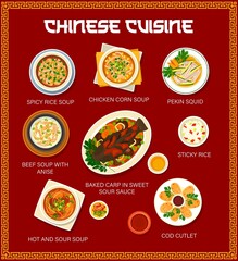 Chinese cuisine menu, Asian food dishes and meals, vector rice with chicken and beef. China traditional food menu poster with Peking squid seafood, sticky rice, spicy chicken corn soup and cod cutlet - obrazy, fototapety, plakaty