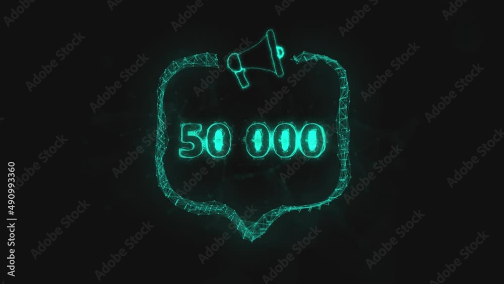 Poster megaphone banner with speech bubble and 50000 number. 50k likes, followers. plexus style of green gl