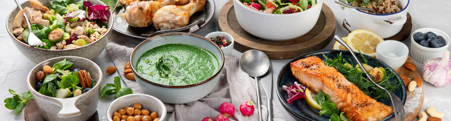 Healthy food assortment on light background.
