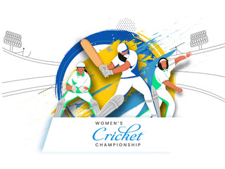 Women's Cricket Championship Concept With Faceless Cricketer Players In Different Poses And Brush Stroke Effect On White Background.