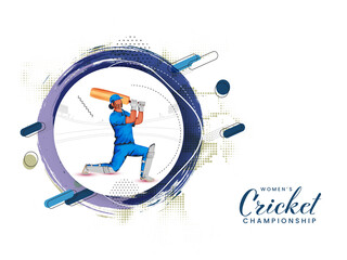 Women's Cricket Championship Concept With Cartoon Female Batter Player, Circular Brush Effect And Halftone On White Background.