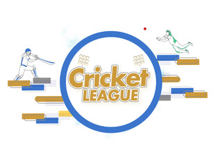 Sticker Style Cricket League Text With Cartoon Female Bowler, Batter Players In Playing Pose On White Background.
