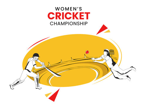 Women's Cricket Championship Concept With Doodle Style Female Batter Playing Hitting The Ball, Fielder In Catch Pose On Orange And White Playground.