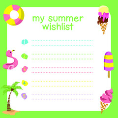 Summer wish list with hand-drawn illustration of summer elements. Printable template. Vector illustration.