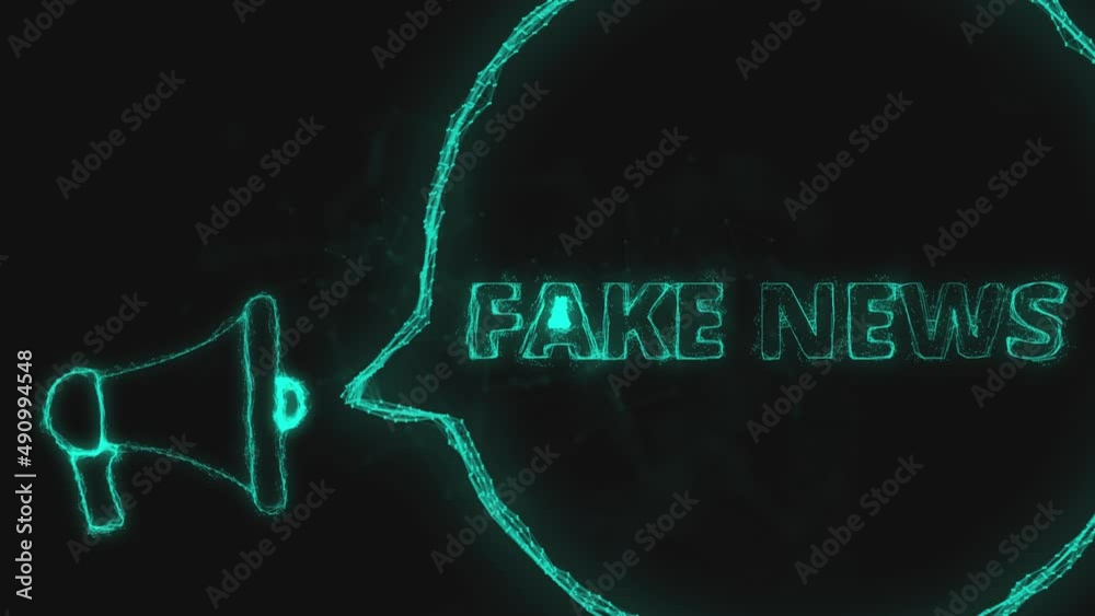 Poster Megaphone banner with speech bubble and text fake news. Plexus style of green glowing dots and lines