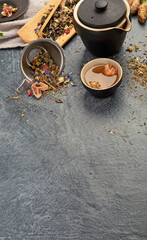 Obraz na płótnie Canvas Asian tea set on dark background.