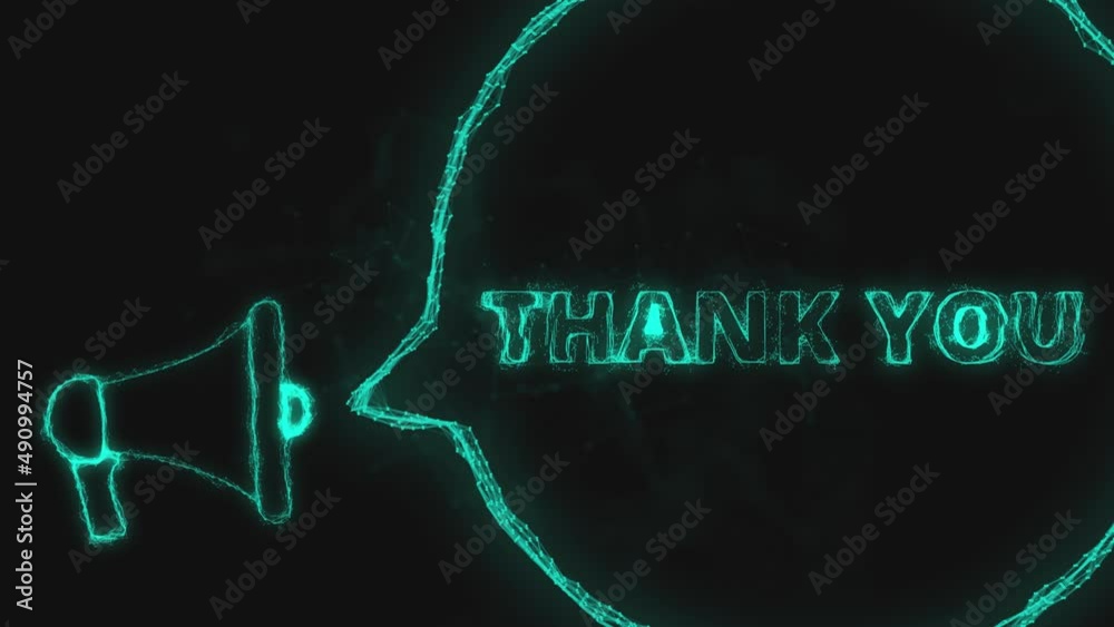 Poster Megaphone banner with speech bubble and text thank you. Plexus style of green glowing dots and lines