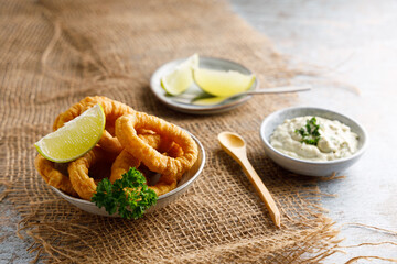 Homemade calamari with tartar sauce. Fresh homemade calamari with homemade tartar sauce and lemon.