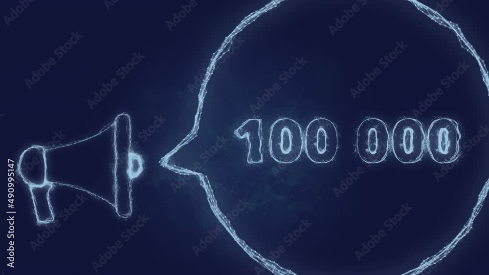 Poster megaphone banner with speech bubble and 100000 number. 100k likes, followers. plexus style of green 