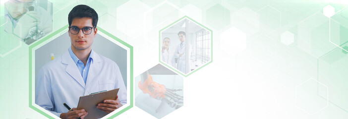 Scientist banner working in laboratory, hospital and lab. Medical healthcare technology banner innovation and telehealth concept background.