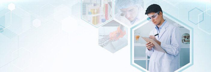 Fototapeta premium Scientist banner working in laboratory, hospital and lab. Medical healthcare technology banner innovation and telehealth concept background.