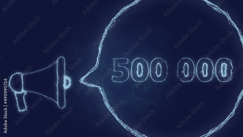 Poster megaphone banner with speech bubble and 500000 number. 500k likes, followers. plexus style of green 