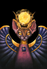 Mysterious Egyptian cat with a fireball and wings scarab hand drawn painting. - obrazy, fototapety, plakaty