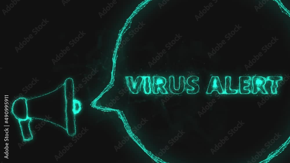 Poster Megaphone banner with speech bubble and text virus alert. Plexus style of green glowing dots and lines