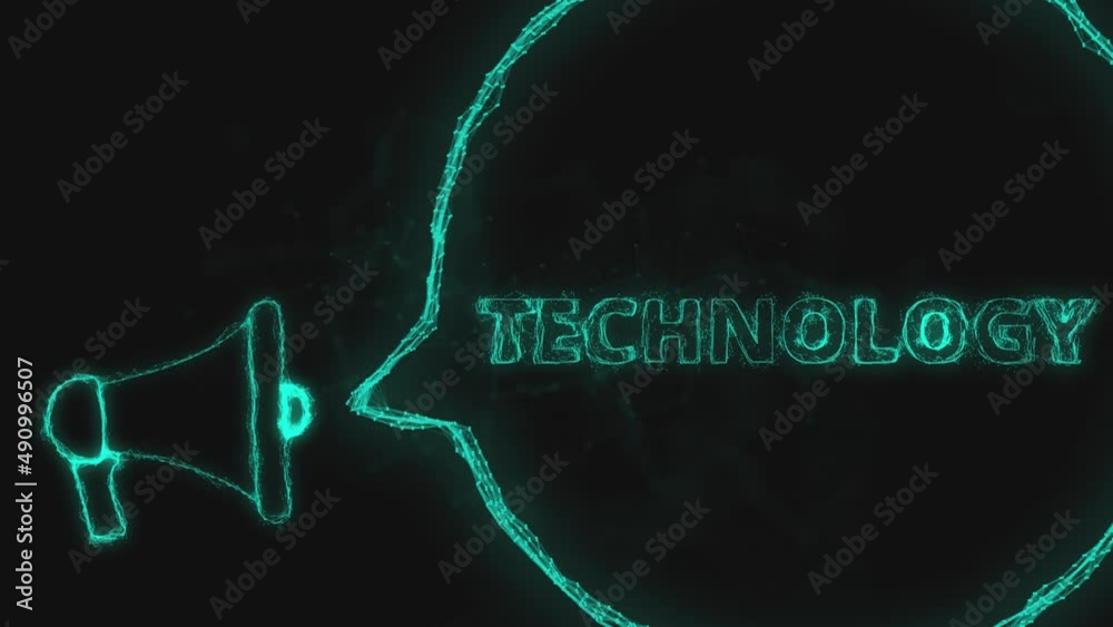 Poster Megaphone banner with speech bubble and text technology. Plexus style of green glowing dots and lines