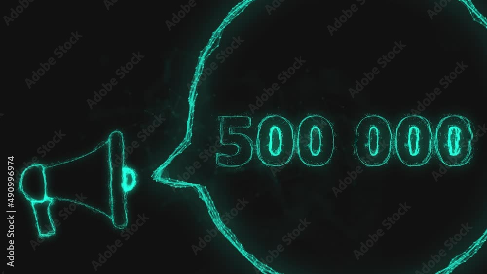 Poster megaphone banner with speech bubble and 500000 number. 500k likes, followers. plexus style of green 