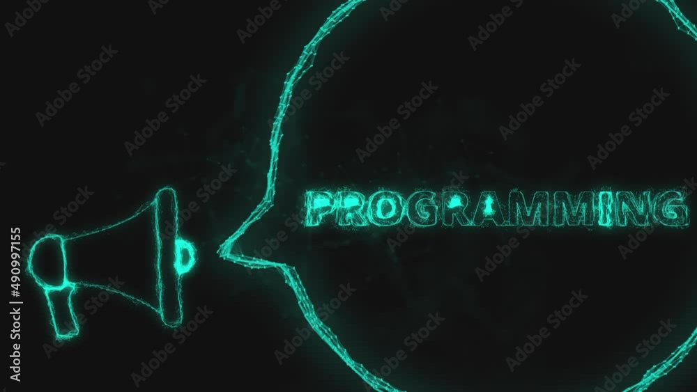 Poster Megaphone banner with speech bubble and text programming. Plexus style of green glowing dots and lines