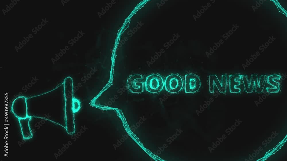 Poster Megaphone banner with speech bubble and text good news. Plexus style of green glowing dots and lines